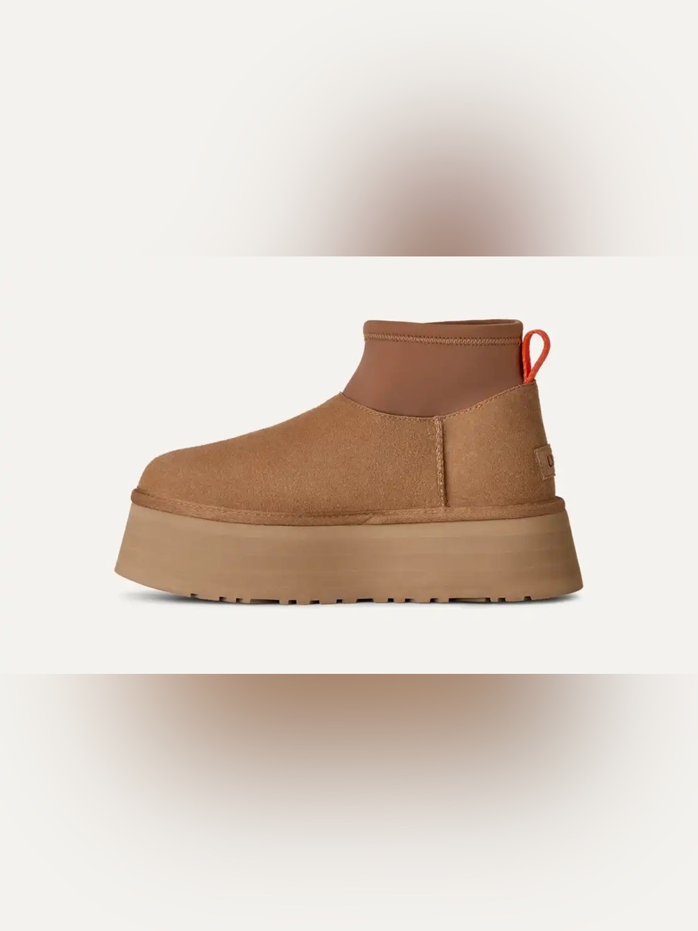UGG Women's Tan Suede Platform Ankle Boots with Orange Pull Tab - Picture 3 of 8